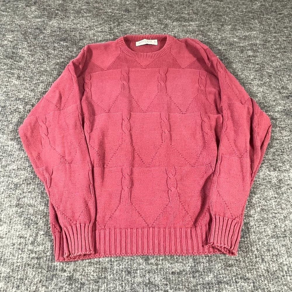 VTG Jantzen Sweater Mens Small Pink Red Cable Knit Pullover‎ Retro USA Made 80s